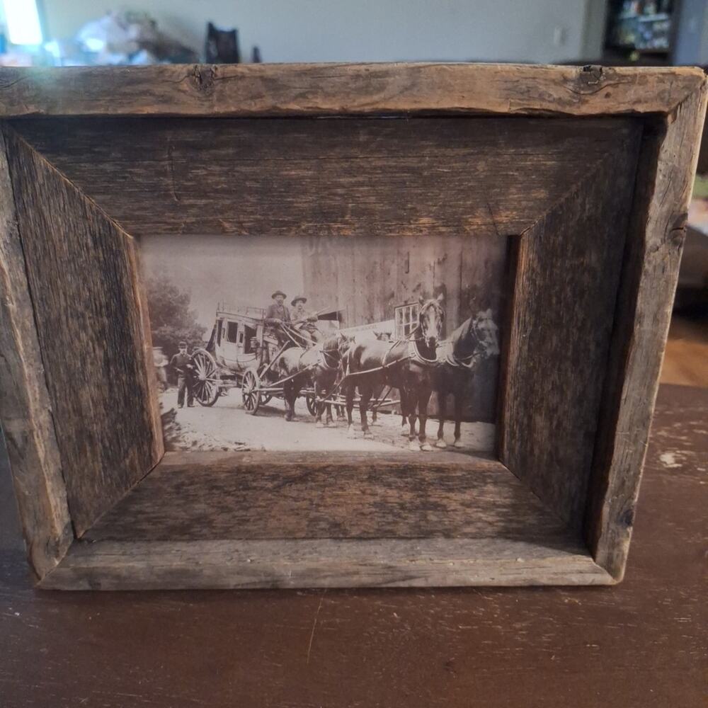 ANTIQUE STAGECOACH PICTURE FRAMED IN BARNWOOD